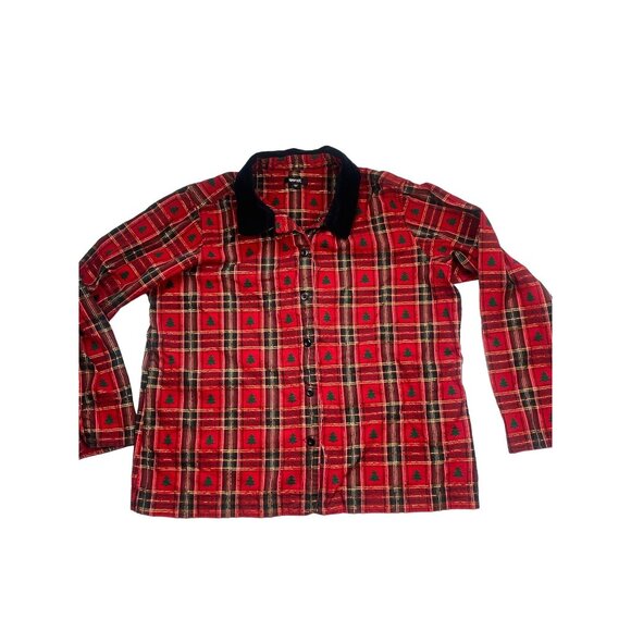 Krazy Kat XXL Red Plaid Christmas Tree Button-Down Shirt Velvet Collar - Picture 1 of 8